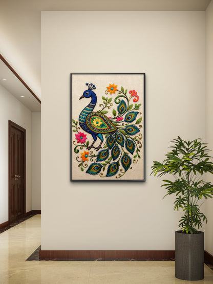 Grace of the Royal Peacock-Luxurious-Indian Culture &  Folk Art 3D Textured Wall Art | UV Printed Embossed Canvas Wall Frame for Home Decor,living Room