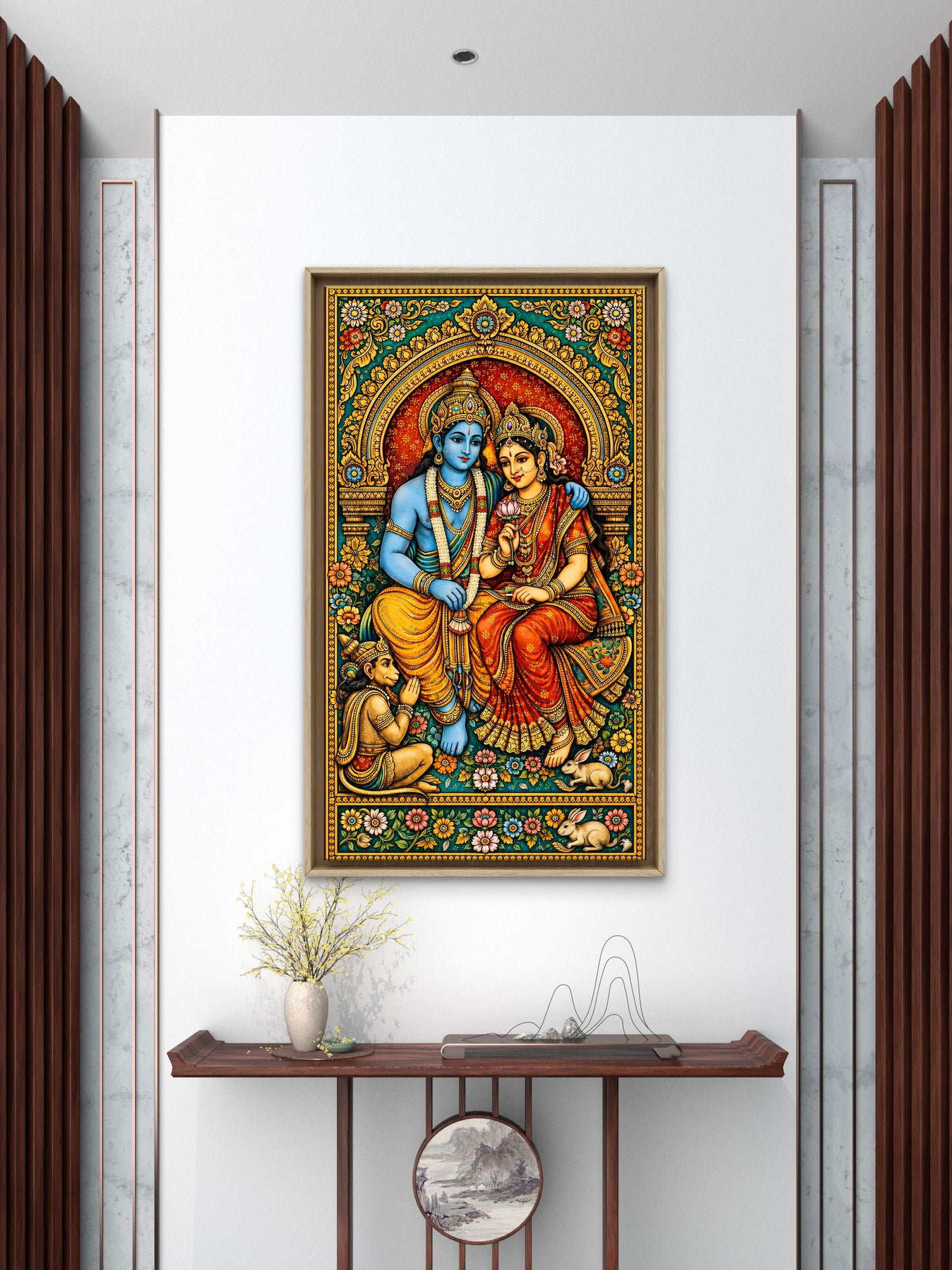Divine Love and Devotion: The Traditional Splendor of Ram Darbar-Luxurious-Gods and Divine Art 3D Textured Wall Art | UV Printed Embossed Canvas Wall Frame for Home Decor,living Room
