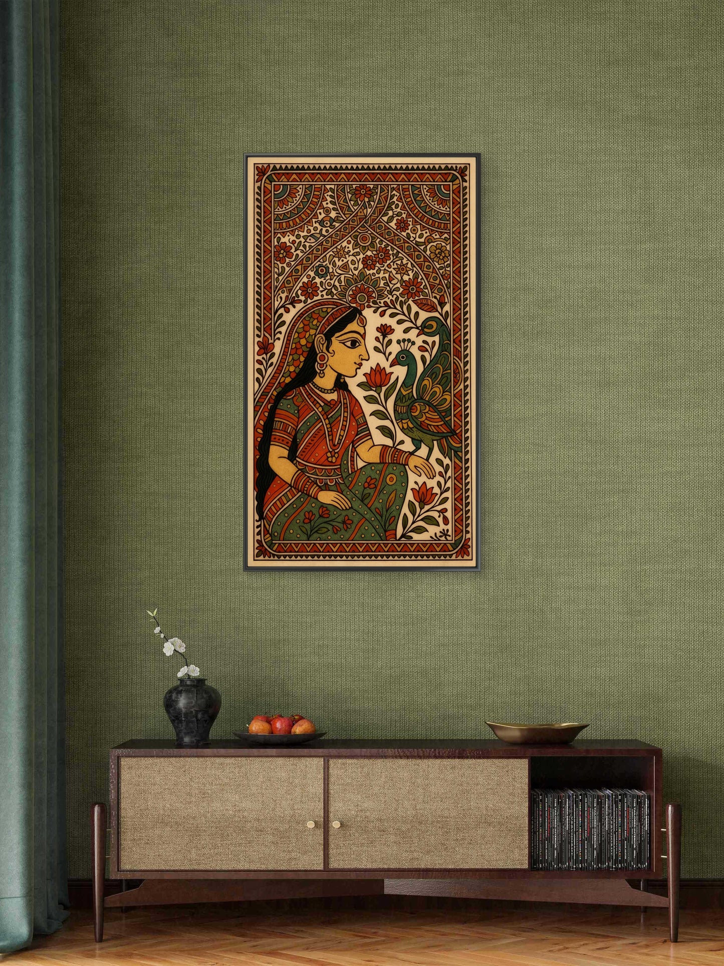Girl with the Peacock -Luxurious-Indian Culture &  Folk Art 3D Textured Wall Art | UV Printed Embossed Canvas Wall Frame for Home Decor,living Room