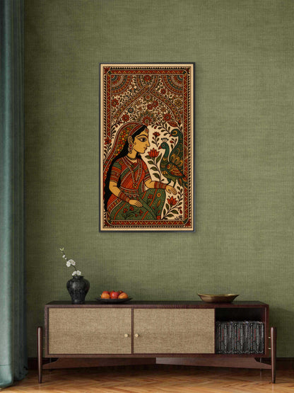 Girl with the Peacock -Luxurious-Indian Culture &  Folk Art 3D Textured Wall Art | UV Printed Embossed Canvas Wall Frame for Home Decor,living Room