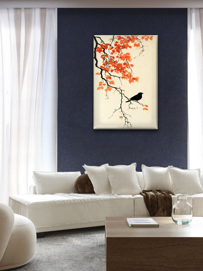 The Crow and the Autumn Maple-Luxury-Floral & Botanical-3D Textured Wall Art | UV Embossed Canvas Wall Frame for home decor and living room