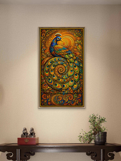 Gilded Peacock Spiral-Luxurious-Indian Culture &  Folk Art 3D Textured Wall Art | UV Printed Embossed Canvas Wall Frame for Home Decor,living Room