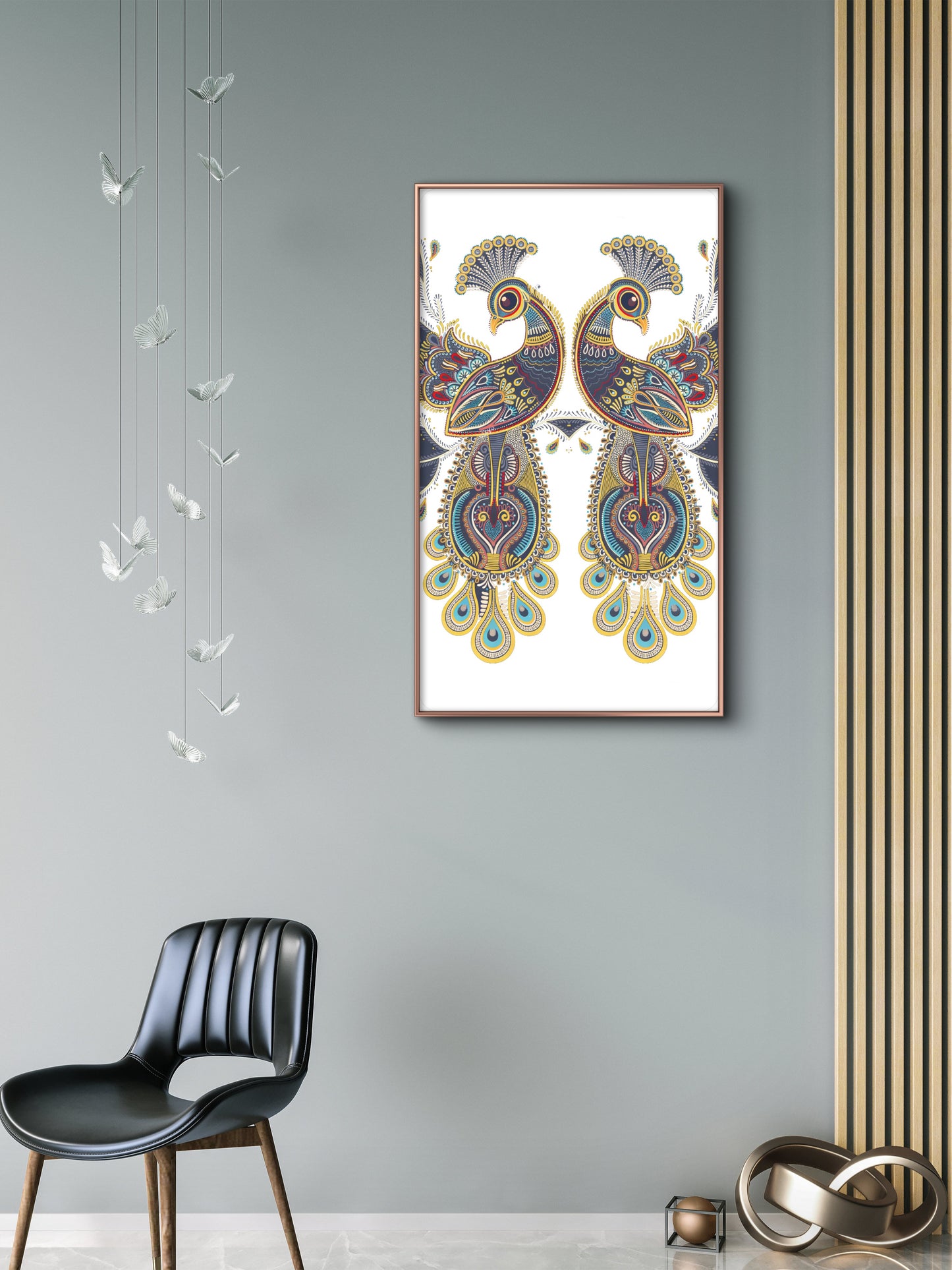 symmetrical-twin-peacocks-Luxurious-Indian Culture &  Folk Art 3D Textured Wall Art | UV Printed Embossed Canvas Wall Frame for Home Decor,living Room