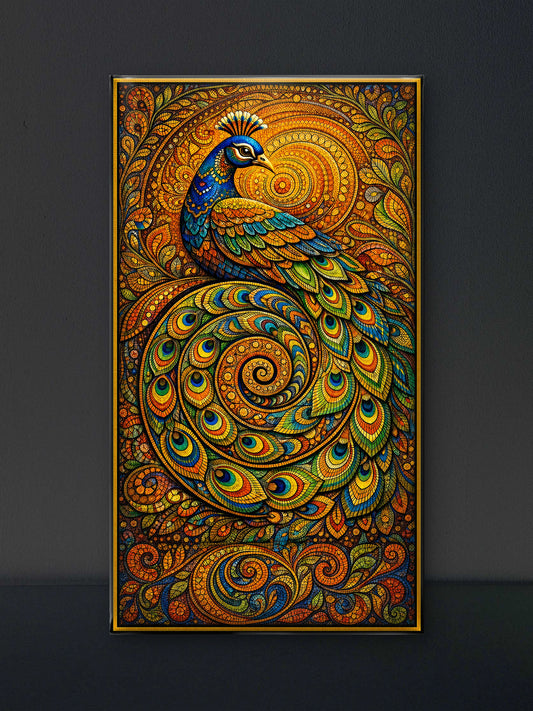 Gilded Peacock Spiral-Luxurious-Indian Culture &  Folk Art 3D Textured Wall Art | UV Printed Embossed Canvas Wall Frame for Home Decor,living Room