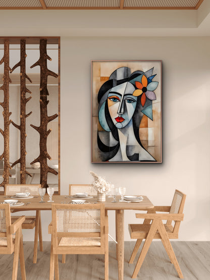Pablo Picasso Style Woman Cubism Portrait-Luxurious-Modern Art & Abstract| 3D Textured Wall Art | UV Printed Embossed Canvas Wall Frame for Office,Meditation Space
