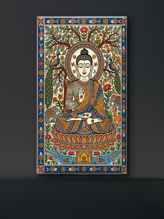 A traditional Madhubani style painting depicting Lord Buddha meditating under a tree-Luxurious-Indian Culture &  Folk Art-3D Textured Wall Art | UV Embossed Canvas Wall Frame for Home decor