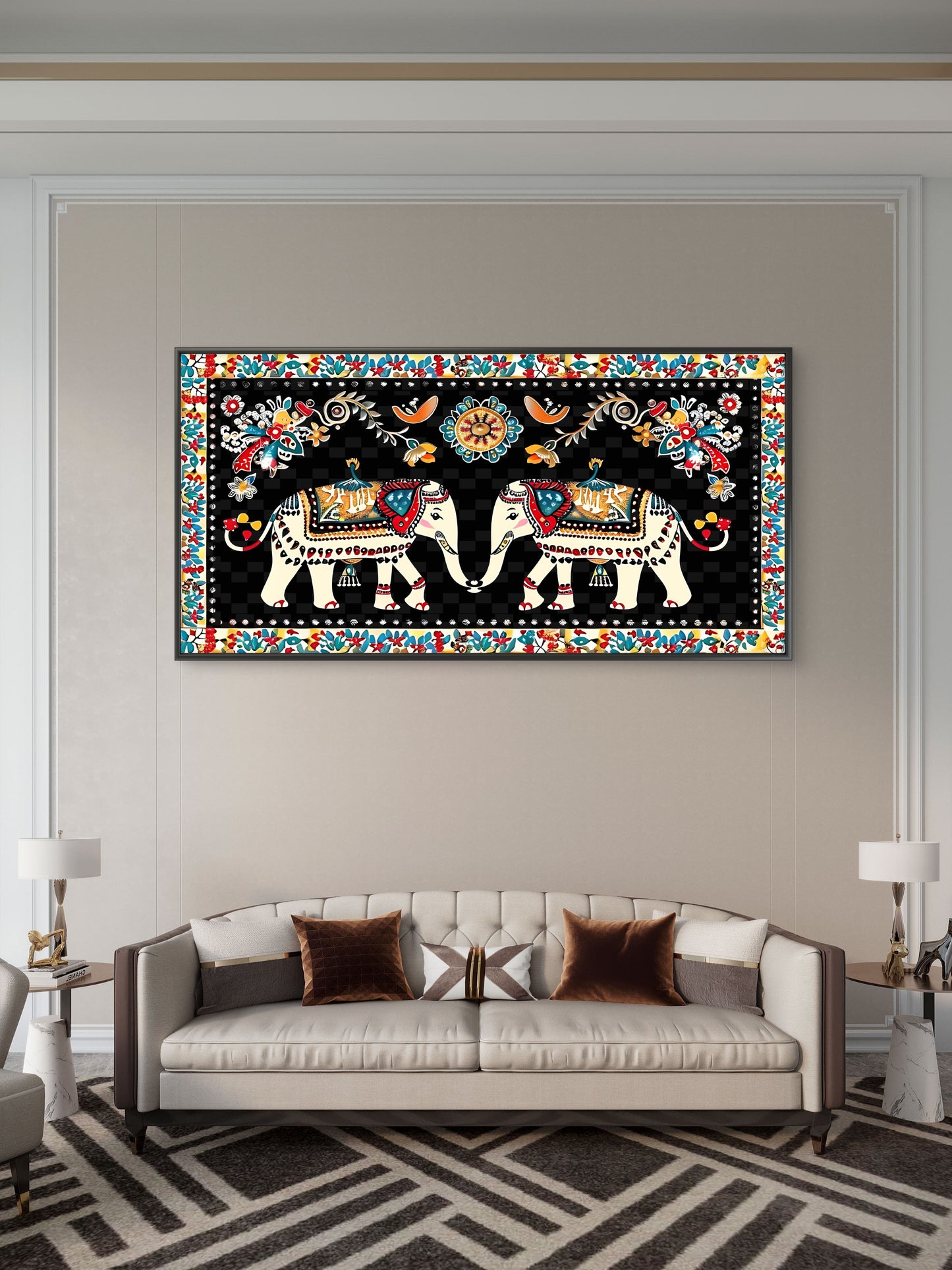 elephant-with-floral-Luxurious-Indian Culture &  Folk Art 3D Textured Wall Art | UV Printed Embossed Canvas Wall Frame for Home Decor,living Room