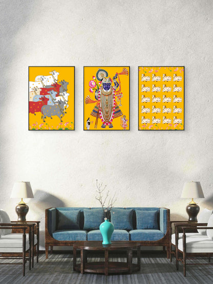 set of 3 pichwai-luxury-3D Textured Wall Art | UV Embossed Canvas Wall Frame for Home decor