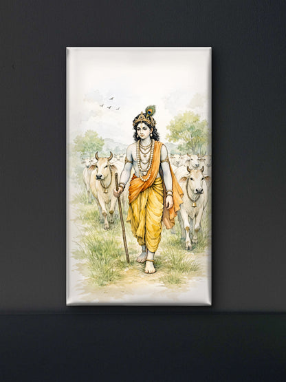 The Hindu deity Lord Krishna herding a group of sacred cows-Luxurious-Spiritul & Mindful-3D Textured Wall Art | UV Embossed Canvas Wall Frame for Home decor