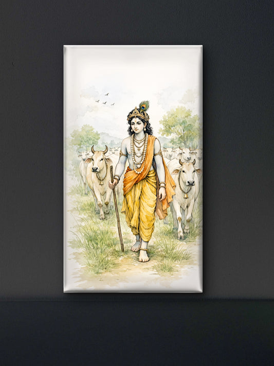 The Hindu deity Lord Krishna herding a group of sacred cows-Luxurious-Spiritul & Mindful-3D Textured Wall Art | UV Embossed Canvas Wall Frame for Home decor