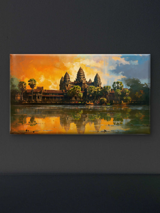 The Golden Hour at Angkor Wat-Luxurious-Spiritual & Mindful 3D Textured Wall Art | UV Printed Embossed Canvas Wall Frame for Prayer room ,Meditation Space