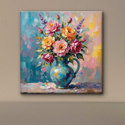 Flowers in Teal-premium-Floral & Botanical-3D Textured Wall Art | UV Embossed Canvas Wall Frame for Living room and bed room