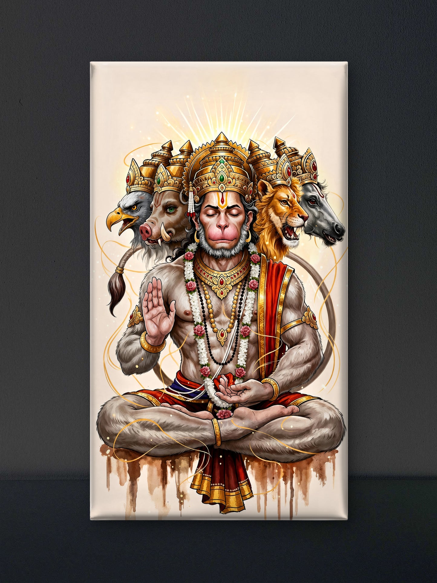 Panchamukhi Hanuman-Luxurious-Gods and Divine Art 3D Textured Wall Art | UV Printed Embossed Canvas Wall Frame for Home Decor,living Room
