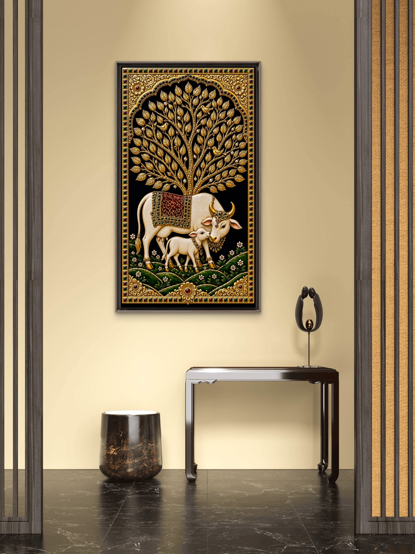 the golden cows-Luxurious-Indian Culture &  Folk Art 3D Textured Wall Art | UV Printed Embossed Canvas Wall Frame for Home Decor,living Room