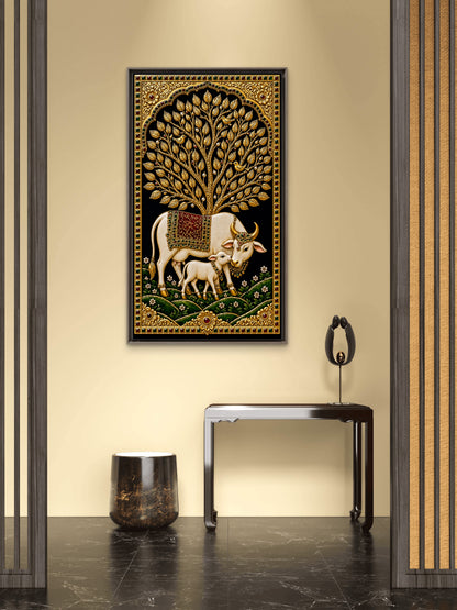 the golden cows-Luxurious-Indian Culture &  Folk Art 3D Textured Wall Art | UV Printed Embossed Canvas Wall Frame for Home Decor,living Room