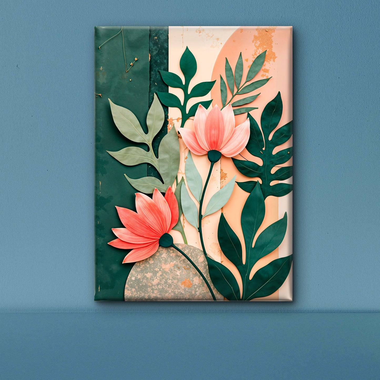 Flower in shades of pink and green leaves on a pastel background-Premium-Floral & Botanical-3D Textured Wall Art | UV Embossed Canvas Wall Frame for home decor and bed room