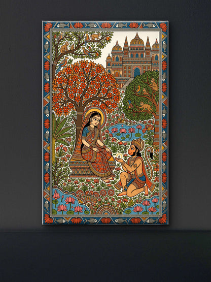 A traditional Madhubani/Mithila folk painting from India depicting the Hindu epic Ramayana-Luxurious-Indian Culture &  Folk Art-3D Textured Wall Art | UV Embossed Canvas Wall Frame for Home decor