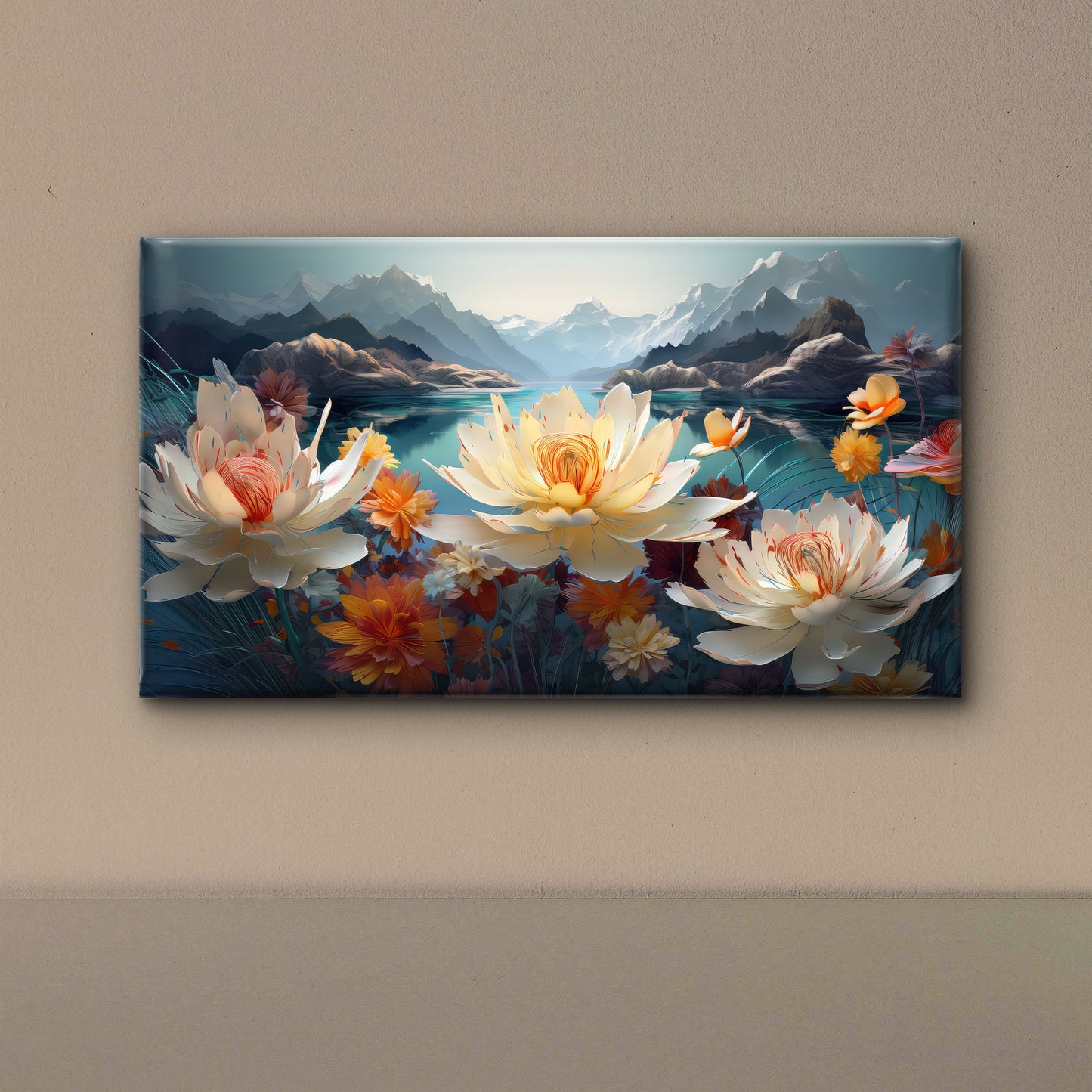 Serene-mountain-lake-landscape-with-vibrant-floral-Premium-Floral & Botanical-3D Textured Wall Art | UV Embossed Canvas Wall Frame for Living room and bed room