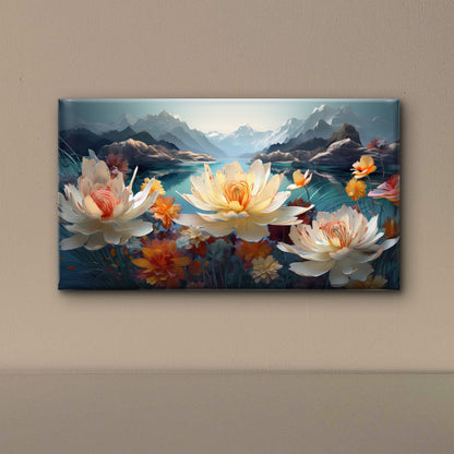 Serene-mountain-lake-landscape-with-vibrant-floral-Premium-Floral & Botanical-3D Textured Wall Art | UV Embossed Canvas Wall Frame for Living room and bed room