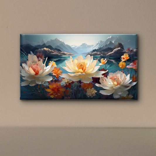 Serene-mountain-lake-landscape-with-vibrant-floral-Premium-Floral & Botanical-3D Textured Wall Art | UV Embossed Canvas Wall Frame for Living room and bed room