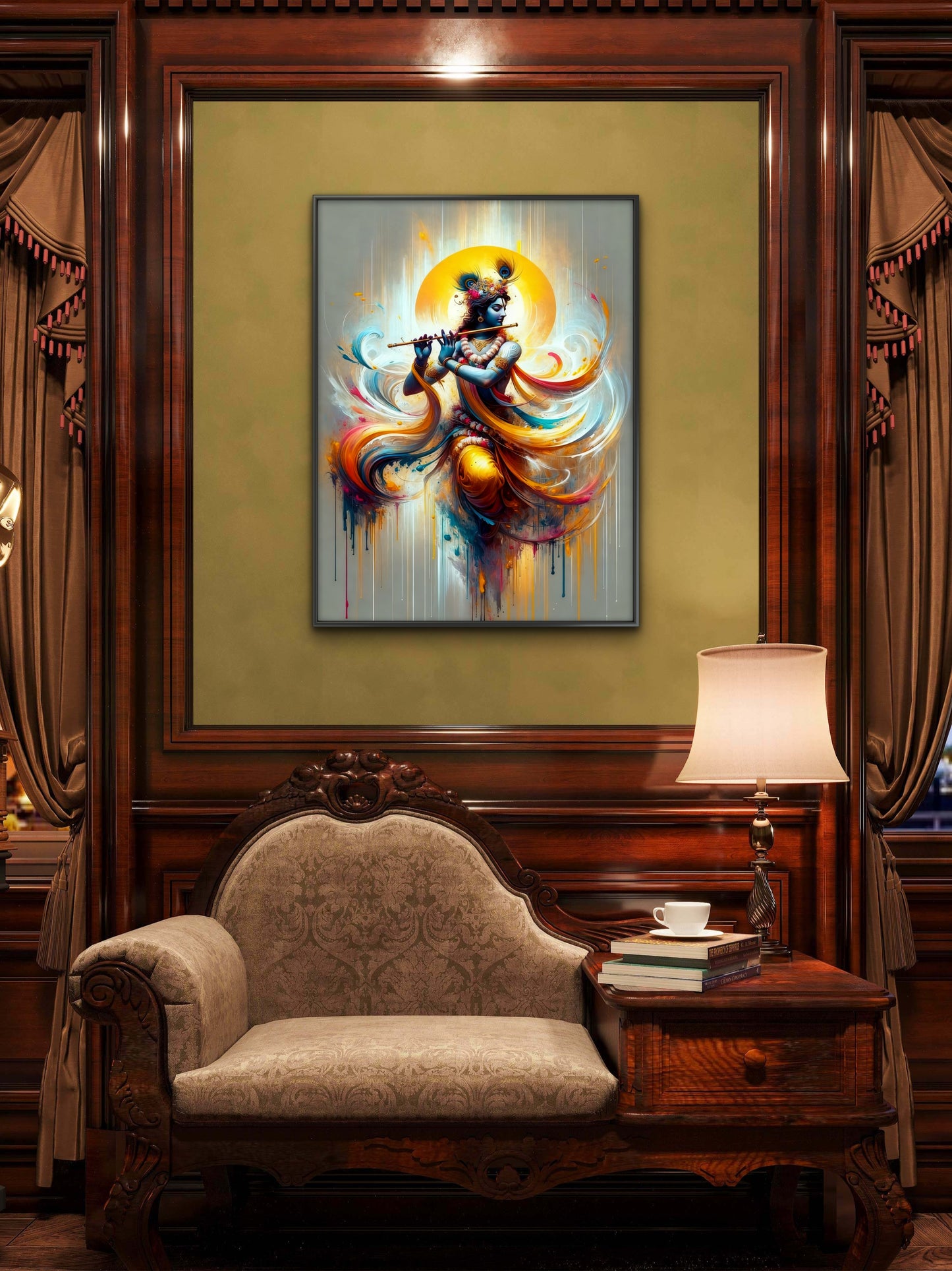 Krishna Watercolour digital Art-Luxurious-Spiritual & Mindful 3D Textured Wall Art | UV Printed Embossed Canvas Wall Frame for Prayer room ,Meditation Space