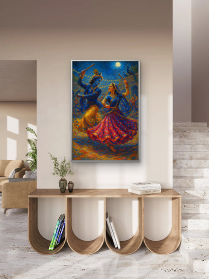 the Hindu deities Radha and Krishna dancing together-Luxurious-Spiritual & Mindful 3D Textured Wall Art | UV Printed Embossed Canvas Wall Frame for Prayer room ,Meditation Space