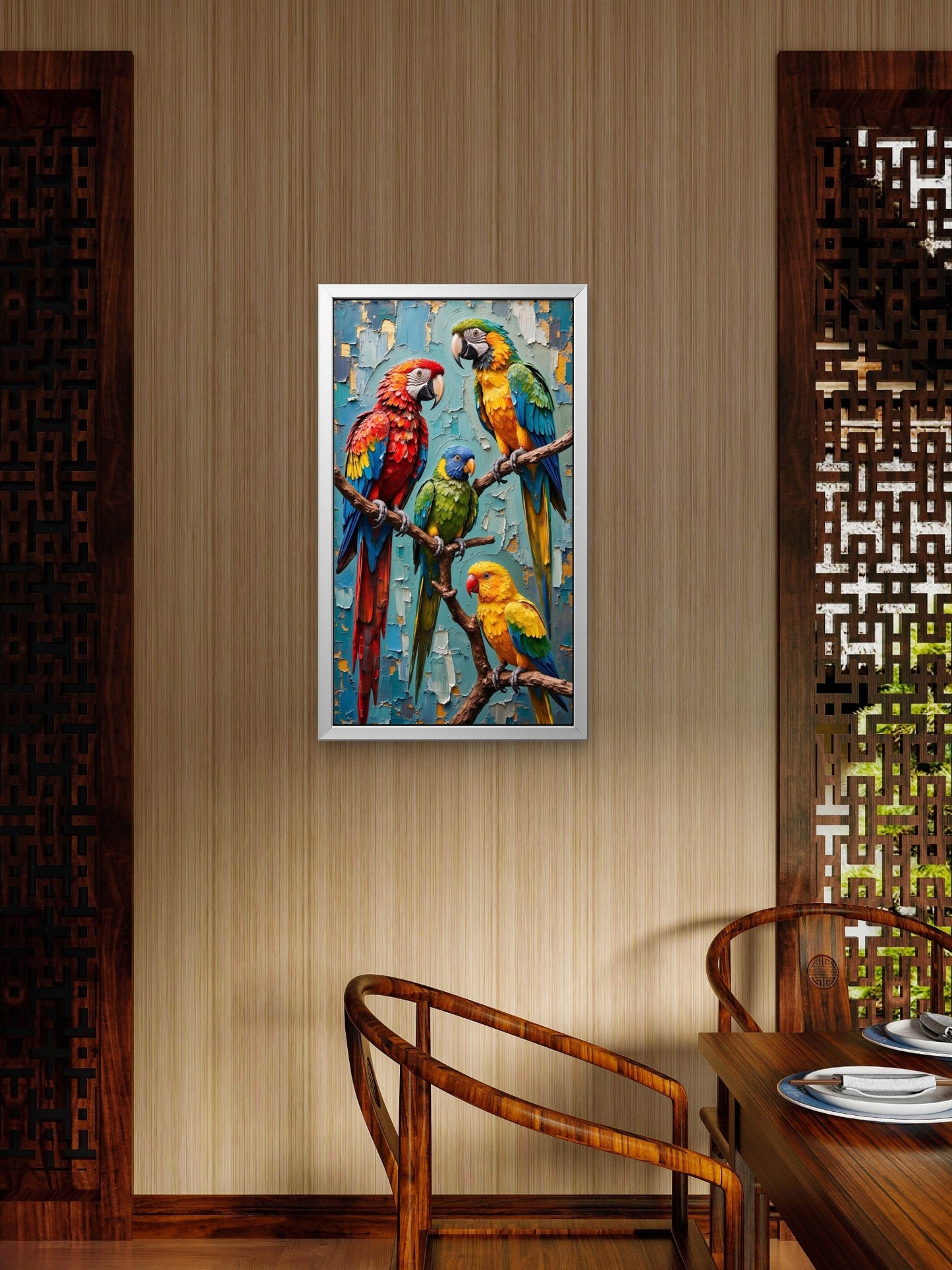 3D Impasto Tropical Parrots Luxurious-Wild life & animal -3D Textured Wall Art | UV Embossed Canvas Wall Frame for Home decor