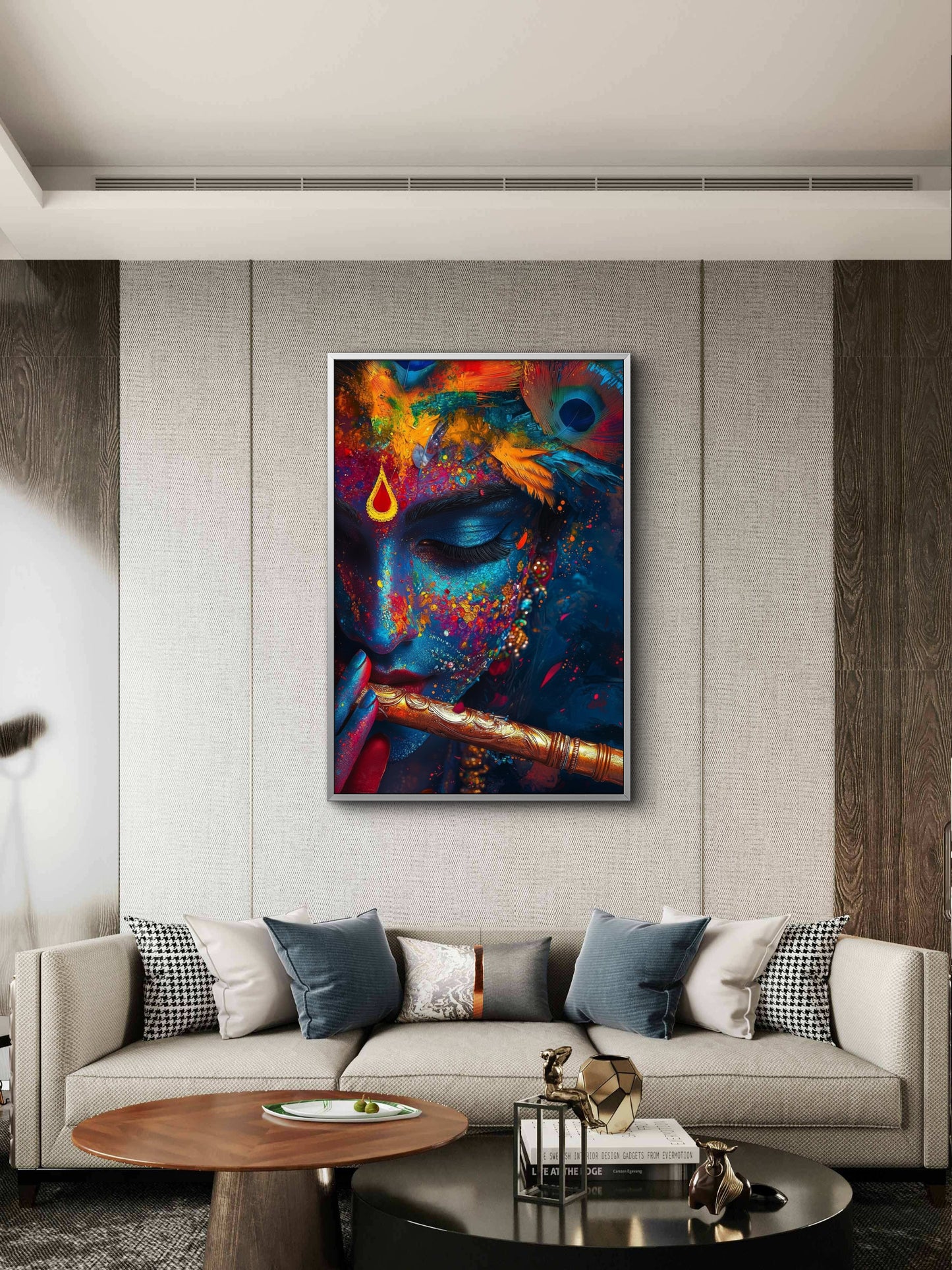 This vibrant, digital-style portrait of Lord Krishna -Luxurious-Spiritual & Mindful 3D Textured Wall Art | UV Printed Embossed Canvas Wall Frame for Prayer room ,Meditation Space