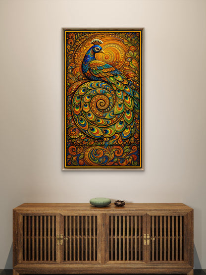 Gilded Peacock Spiral-Luxurious-Indian Culture &  Folk Art 3D Textured Wall Art | UV Printed Embossed Canvas Wall Frame for Home Decor,living Room