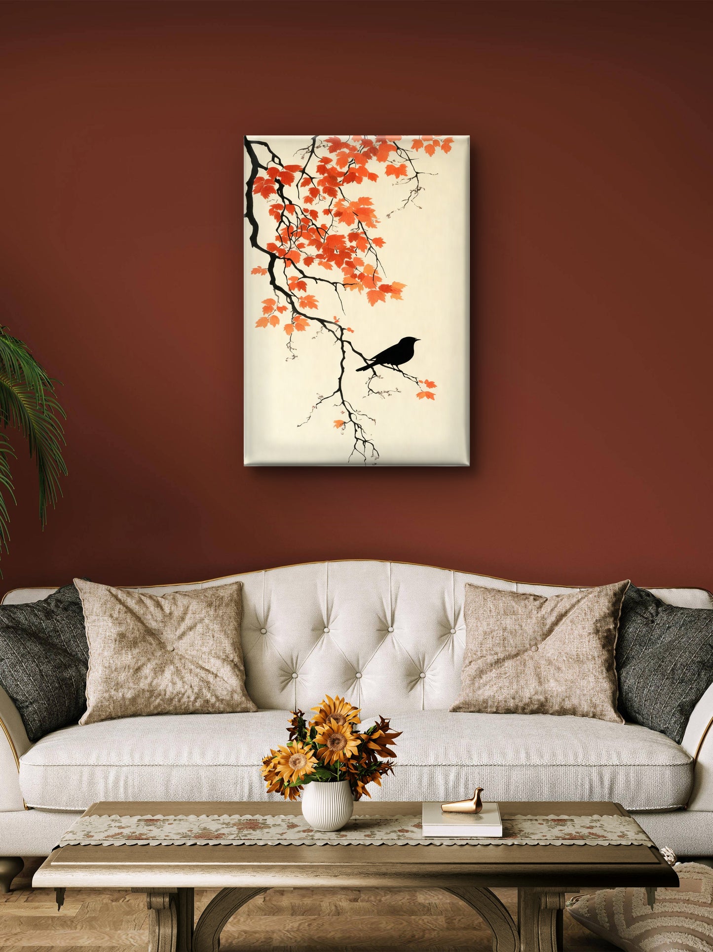 The Crow and the Autumn Maple-Luxury-Floral & Botanical-3D Textured Wall Art | UV Embossed Canvas Wall Frame for home decor and living room