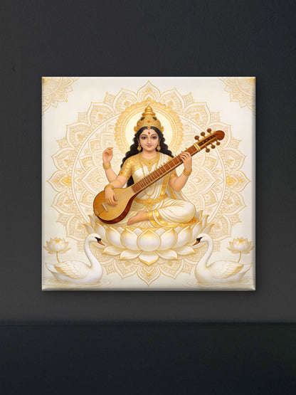 goddess-saraswati-Luxurious-Spiritual & Mindful 3D Textured Wall Art | UV Printed Embossed Canvas Wall Frame for Prayer room ,Meditation Space