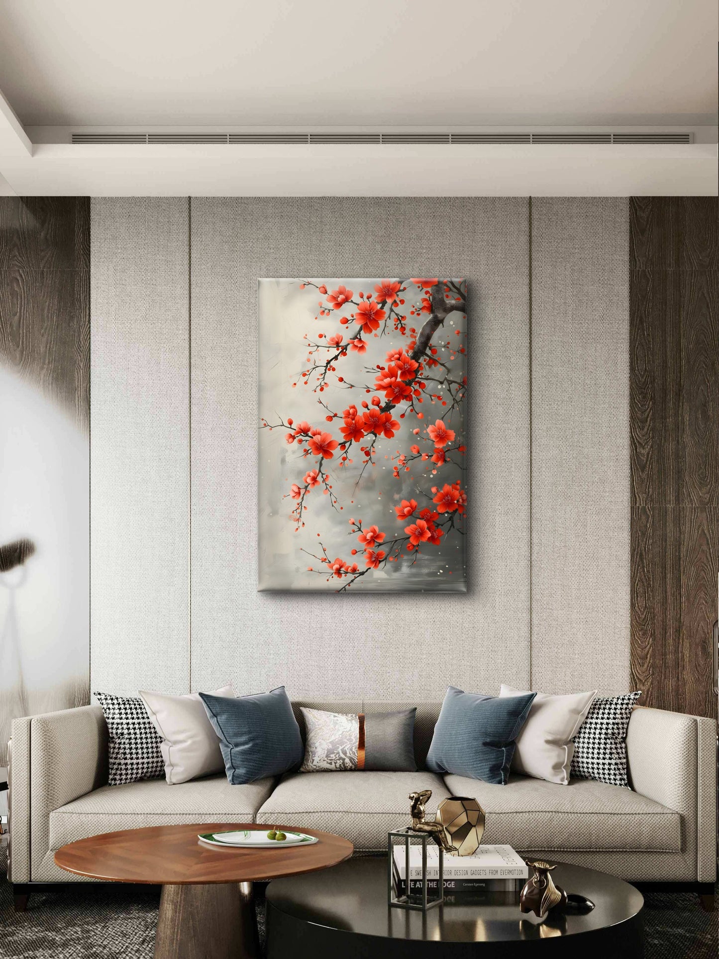 The Crimson Plum Branch-Premium-Floral & Botanical-3D Textured Wall Art | UV Embossed Canvas Wall Frame for Living room and bed room