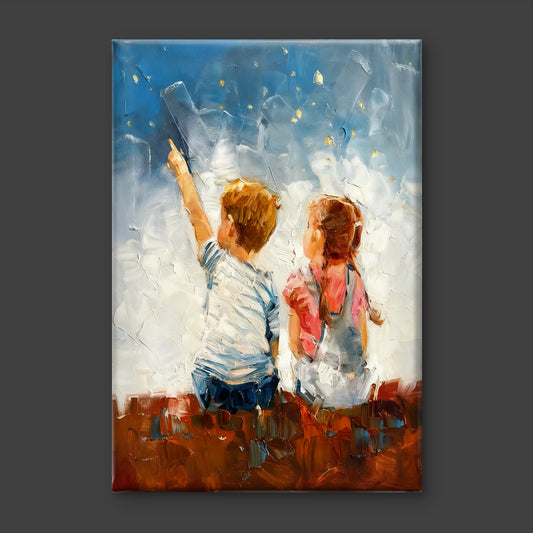This evocative of two children stargazing is titled Starry Starry Night-Premium-Kids & Whimsical-3D Textured Wall Art | UV Embossed Canvas Wall Frame for Kids room