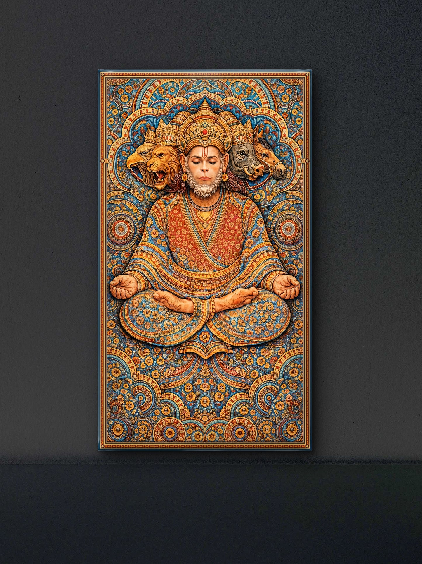 The five-faced form of Lord Hanuman-Luxurious-Spiritual & Mindful-3D Textured Wall Art | UV Embossed Canvas Wall Frame for Home decor