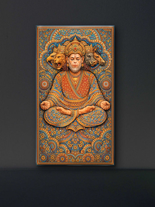 The five-faced form of Lord Hanuman-Luxurious-Spiritual & Mindful-3D Textured Wall Art | UV Embossed Canvas Wall Frame for Home decor