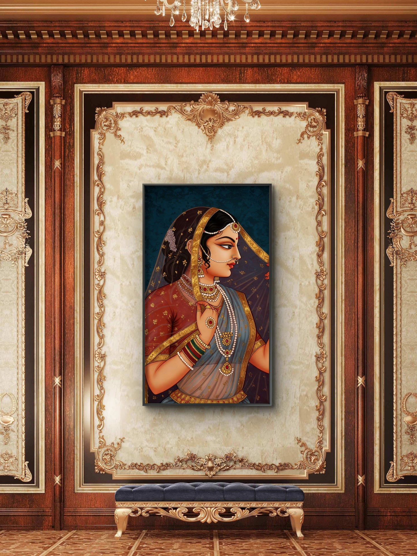 indian woman-Luxurious-Indian Culture &  Folk Art 3D Textured Wall Art | UV Printed Embossed Canvas Wall Frame for Home Decor,living Room