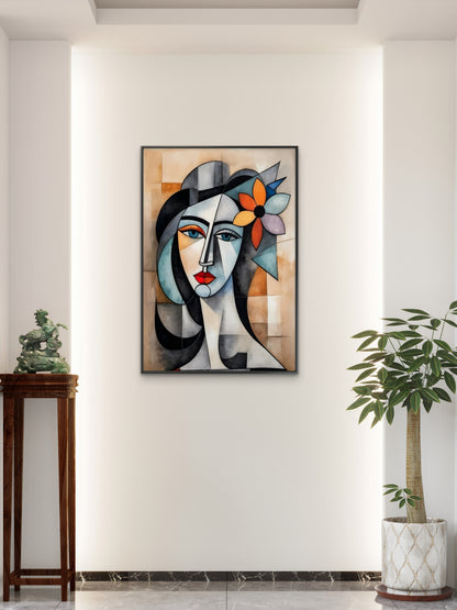 Pablo Picasso Style Woman Cubism Portrait-Luxurious-Modern Art & Abstract| 3D Textured Wall Art | UV Printed Embossed Canvas Wall Frame for Office,Meditation Space
