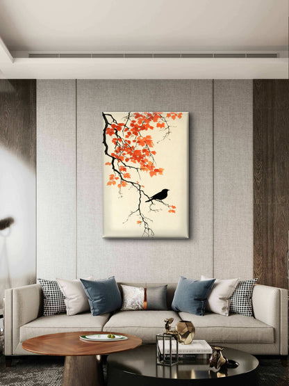 The Crow and the Autumn Maple-Luxury-Floral & Botanical-3D Textured Wall Art | UV Embossed Canvas Wall Frame for home decor and living room