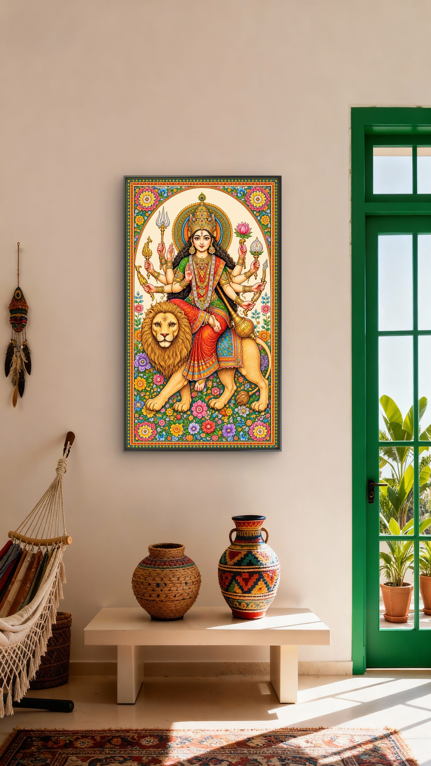 The Hindu goddess Durga-Luxurious-Spiritual & Mindful-3D Textured Wall Art | UV Embossed Canvas Wall Frame for Home decor