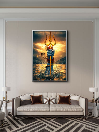 The Hand of Mahadev with Trishul-Luxurious-Spiritual & Mindful 3D Textured Wall Art | UV Printed Embossed Canvas Wall Frame for Prayer room ,Meditation Space
