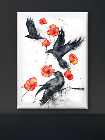 black-ravens-red-poppies-Luxurious-Wildlife & Animals-3D Textured Wall Art | UV Embossed Canvas Wall Frame for Home decor