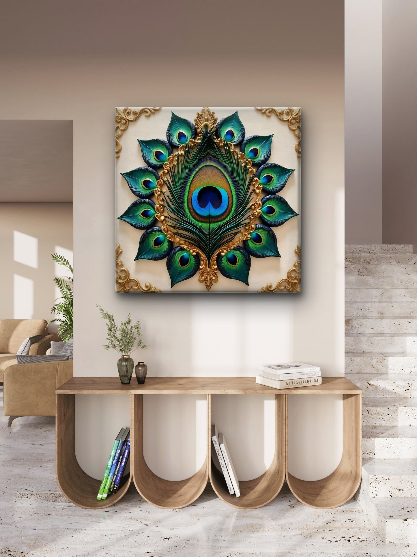 Grace of the Royal Mayura-Luxurious-Spiritual & Mindful 3D Textured Wall Art | UV Printed Embossed Canvas Wall Frame for Prayer room ,Meditation Space