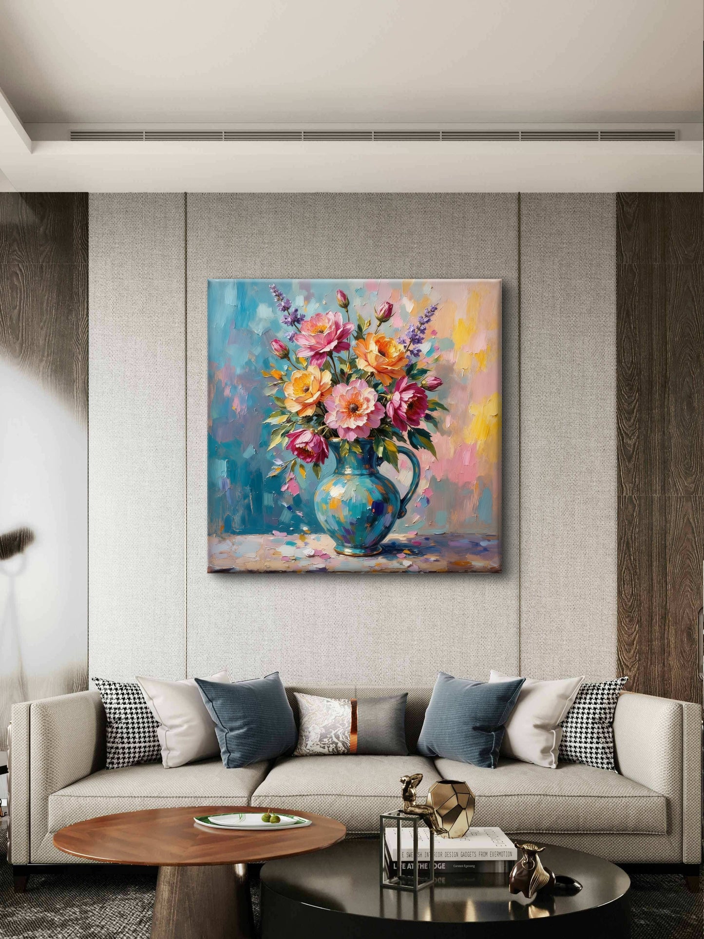 Flowers in Teal-premium-Floral & Botanical-3D Textured Wall Art | UV Embossed Canvas Wall Frame for Living room and bed room