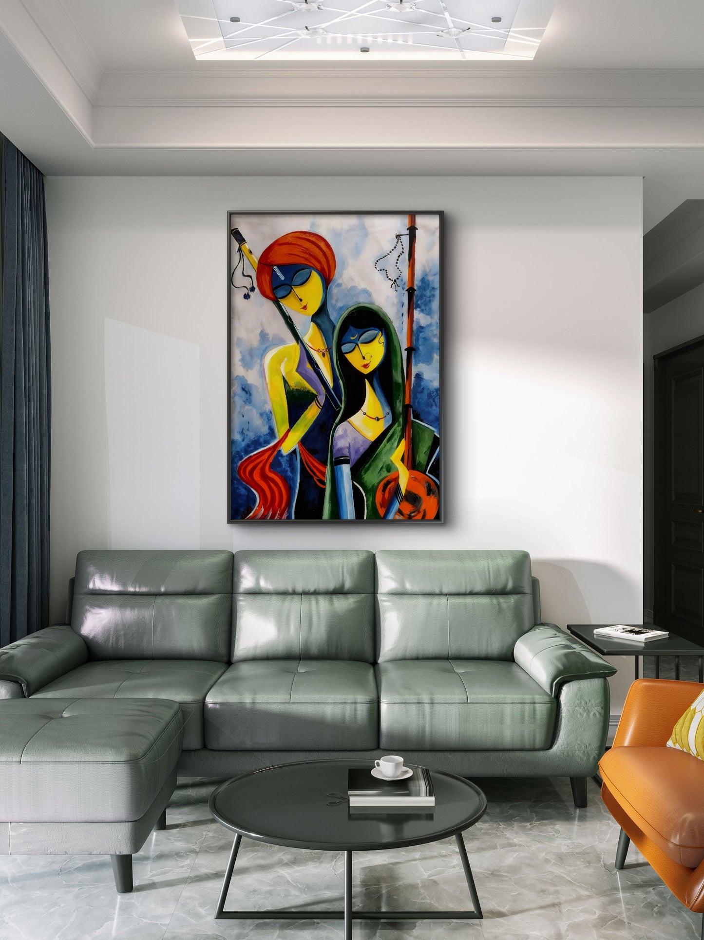 Radha Krishna with Flute-Luxurious-Spiritual & Mindful 3D Textured Wall Art | UV Printed Embossed Canvas Wall Frame for Prayer room ,Meditation Space