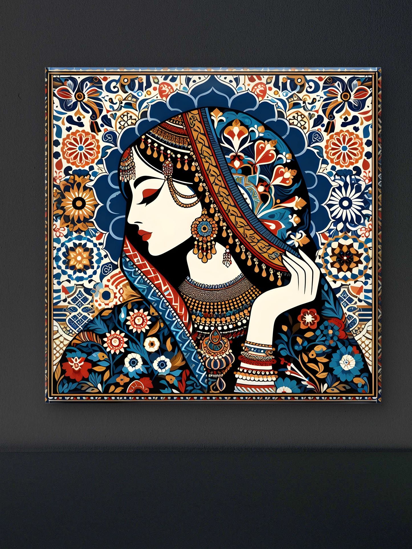 Indian tradional woman in floral Pattern-Luxurious-Indian Culture &  Folk Art-3D Textured Wall Art | UV Embossed Canvas Wall Frame for Home decor