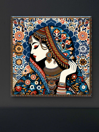 Indian tradional woman in floral Pattern-Luxurious-Indian Culture &  Folk Art-3D Textured Wall Art | UV Embossed Canvas Wall Frame for Home decor