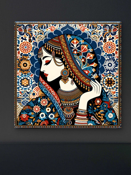 Indian tradional woman in floral Pattern-Luxurious-Indian Culture &  Folk Art-3D Textured Wall Art | UV Embossed Canvas Wall Frame for Home decor