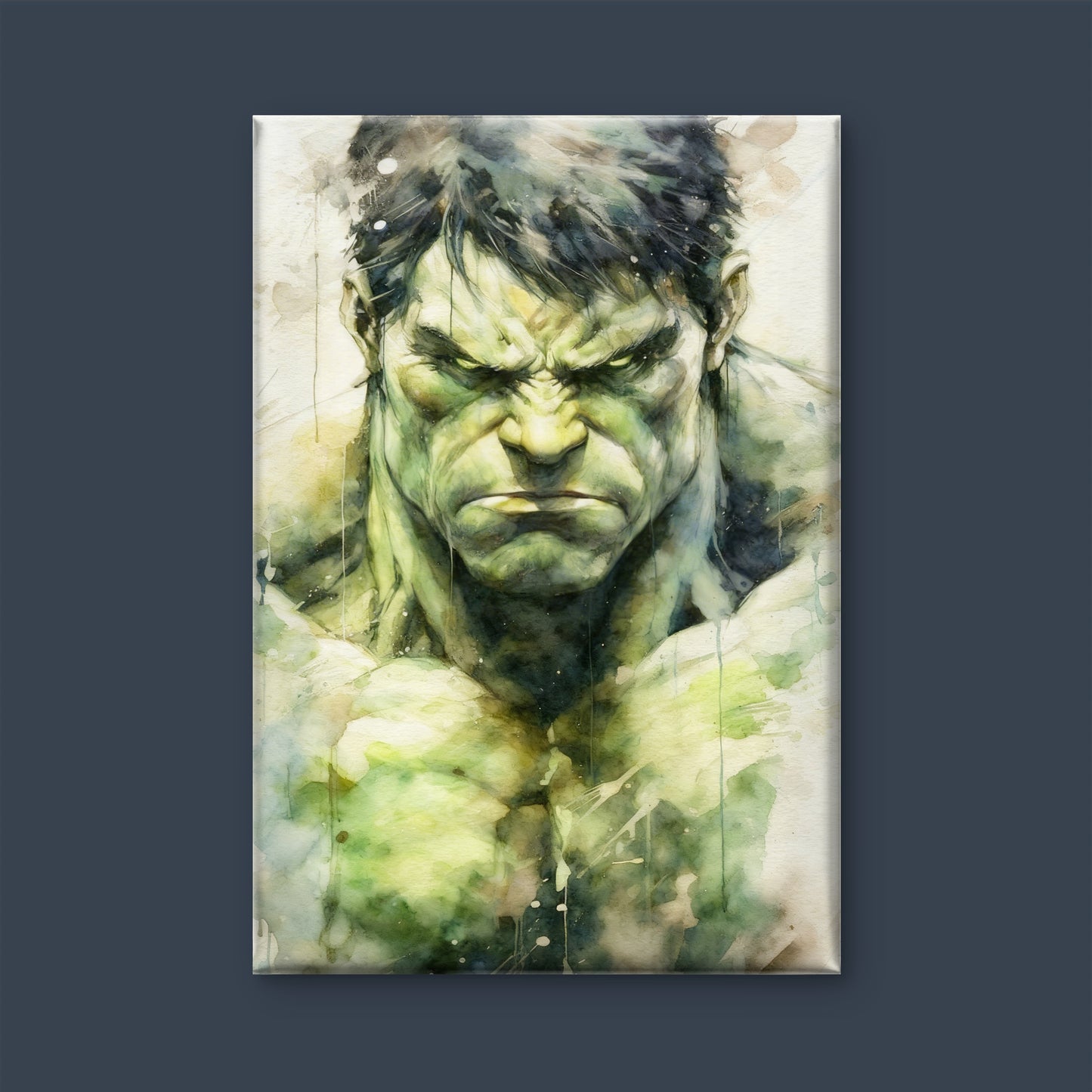 This intense watercolor portrait of The Hulk-Premium-Kids & Whimsical-3D Textured Wall Art | UV Embossed Canvas Wall Frame for Kids room