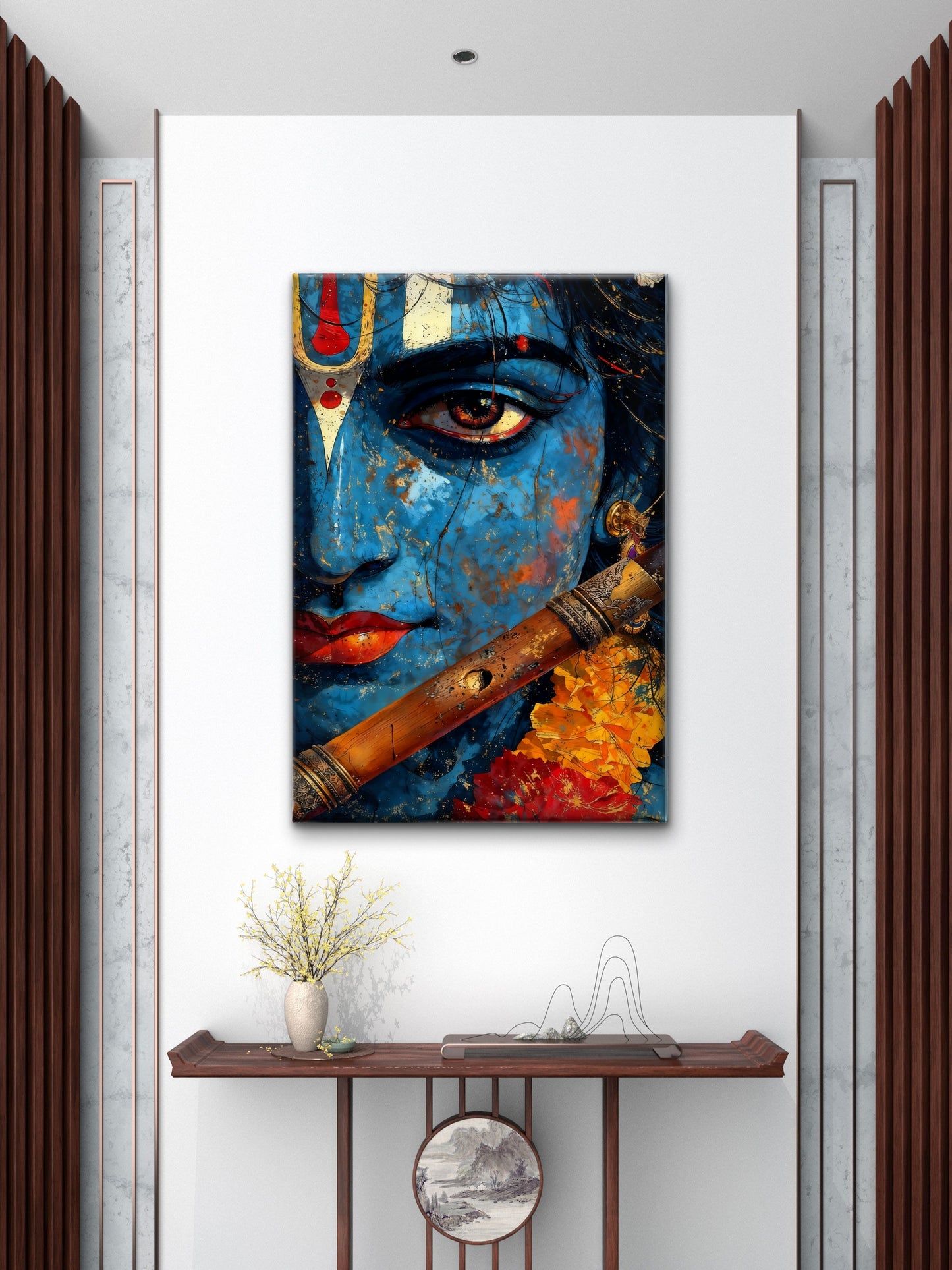 contemporary digital painting of Lord Krishna-Luxurious-Spiritual & Mindful 3D Textured Wall Art | UV Printed Embossed Canvas Wall Frame for Prayer room ,Meditation Space