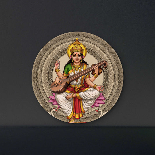 goddess-saraswati-seated-Luxurious | 3D Textured Wall Art | UV Printed Embossed Canvas Wall Frame for living room